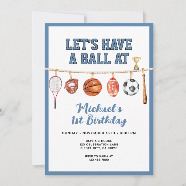Invitación Sport Boy Ball All Star Themed Party Blue Birthday (Anverso)
