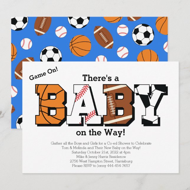 Invitación Sports Baby Shower Co-ed Theme Boy Blue (Anverso / Reverso)