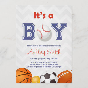 Invitación Sports Baby Shower invita a su niño Gris rojo azul