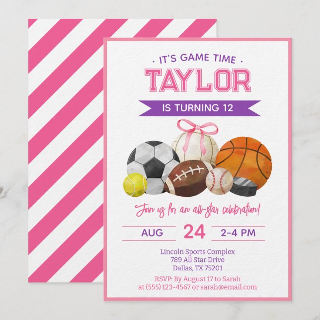 Invitación Sports Ball Games Birthday Party (Anverso / Reverso)