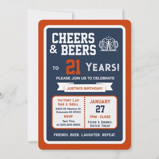 Invitación Sports Bar Birthday Cheers and Beers to 21 Years (Anverso)