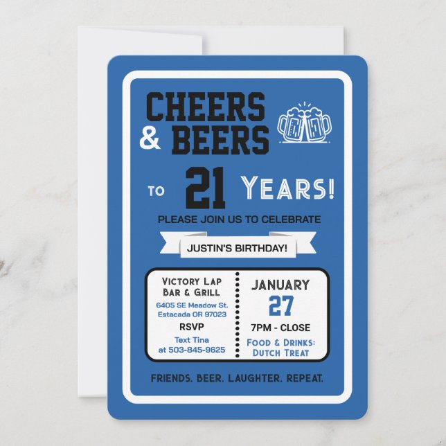 Invitación Sports Bar Birthday Cheers and Beers to 21 Years  (Anverso)