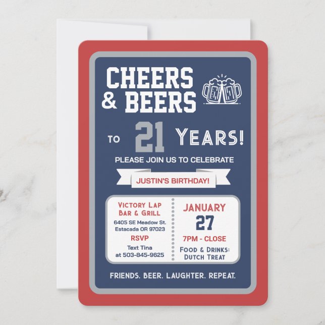 Invitación Sports Bar Birthday Cheers and Beers to 21 Years  (Anverso)