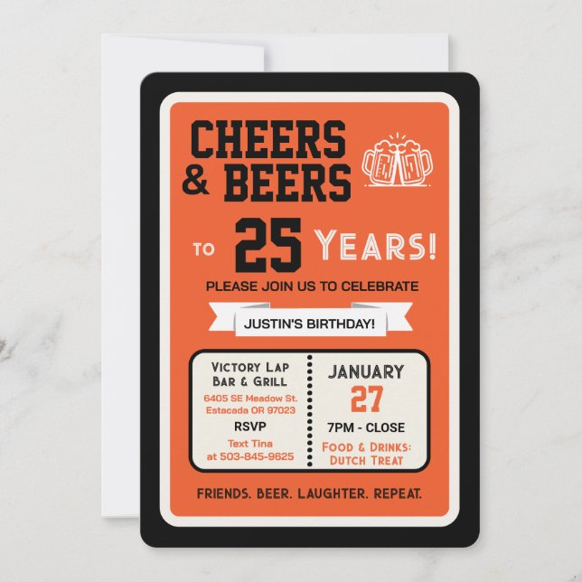 Invitación Sports Bar Birthday Cheers and Beers to 25 Years  (Anverso)