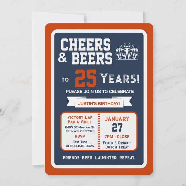 Invitación Sports Bar Birthday Cheers and Beers to 25 Years (Anverso)