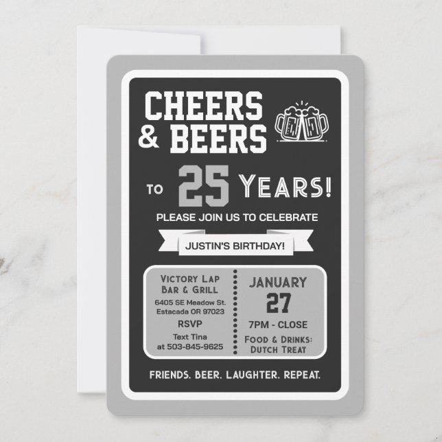 Invitación Sports Bar Birthday Cheers and Beers to 25 Years (Anverso)