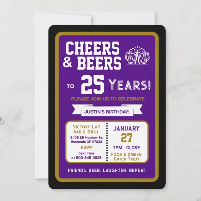 Invitación Sports Bar Birthday Cheers and Beers to 25 Years (Anverso)