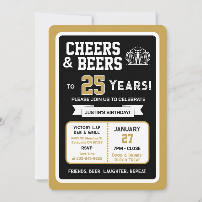 Invitación Sports Bar Birthday Cheers and Beers to 25 Years  (Anverso)