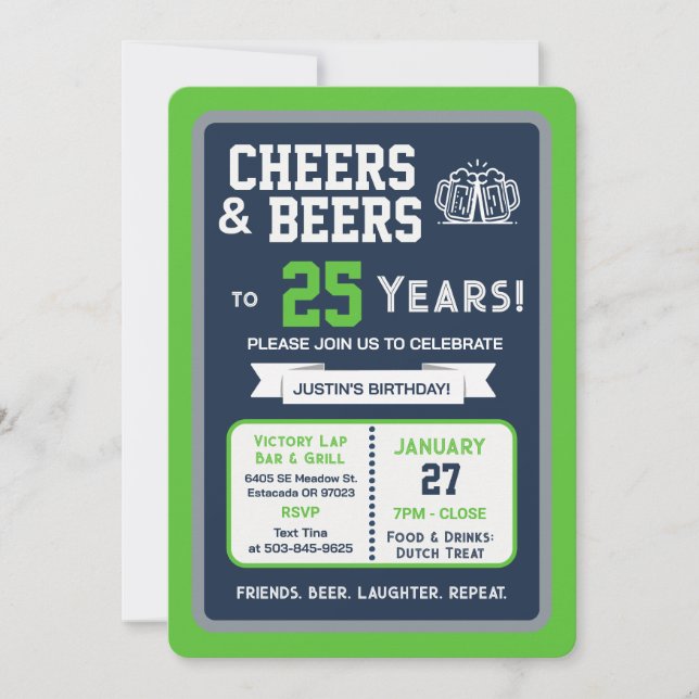 Invitación Sports Bar Birthday Cheers and Beers to 25 Years (Anverso)