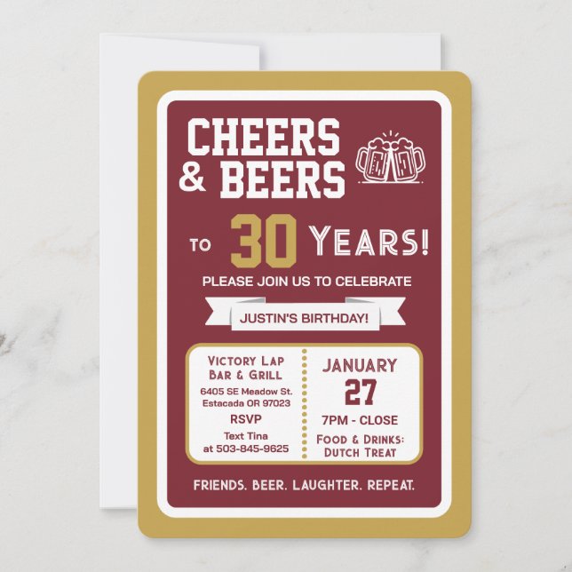 Invitación Sports Bar Birthday Cheers and Beers to 30 Years  (Anverso)