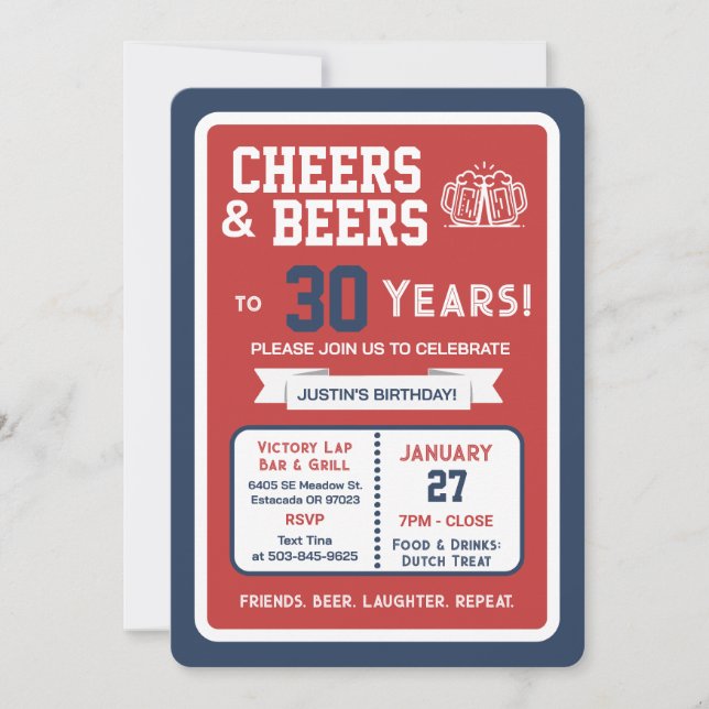 Invitación Sports Bar Birthday Cheers and Beers to 30 Years  (Anverso)