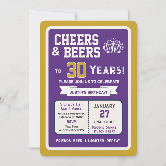 Invitación Sports Bar Birthday Cheers and Beers to 30 Years (Anverso)