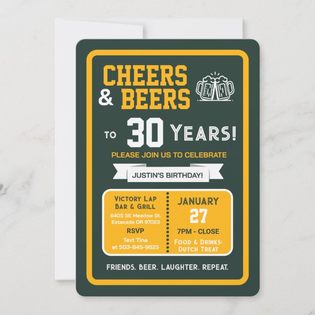 Invitación Sports Bar Birthday Cheers and Beers to 30 Years (Anverso)