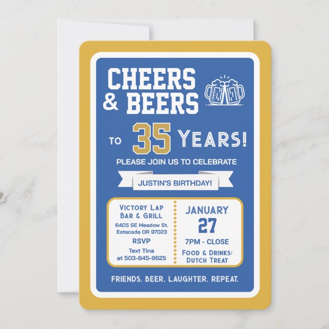 Invitación Sports Bar Birthday Cheers and Beers to 35 Years  (Anverso)