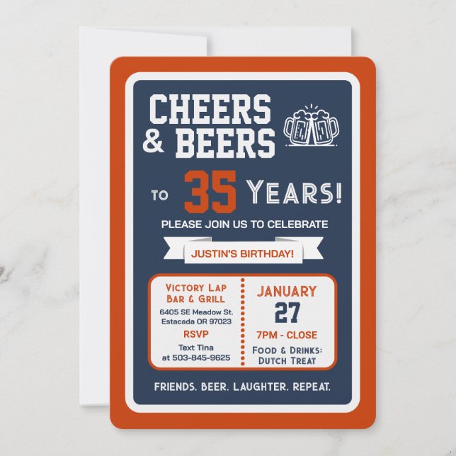 Invitación Sports Bar Birthday Cheers and Beers to 35 Years (Anverso)