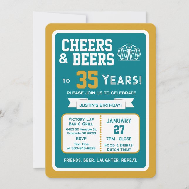 Invitación Sports Bar Birthday Cheers and Beers to 35 Years  (Anverso)