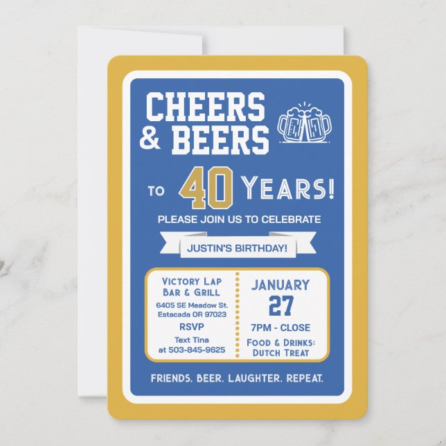 Invitación Sports Bar Birthday Cheers and Beers to 40 Years  (Anverso)