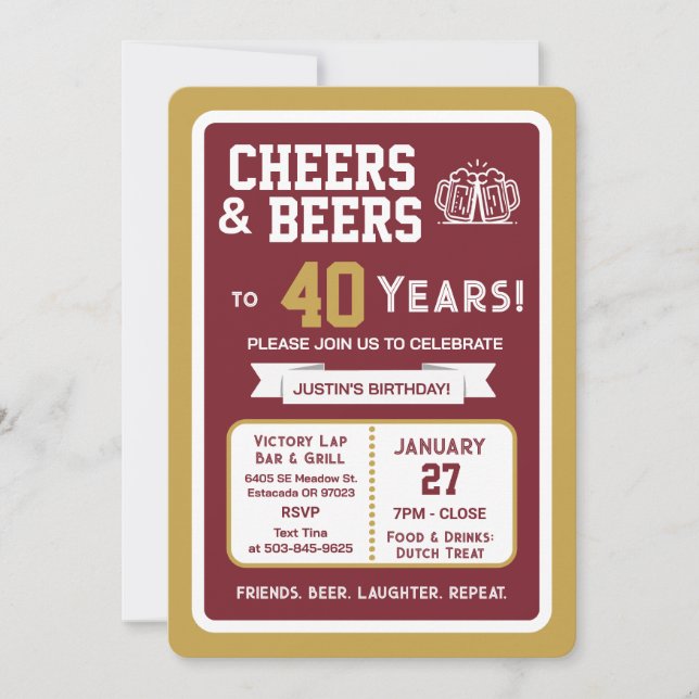 Invitación Sports Bar Birthday Cheers and Beers to 40 Years  (Anverso)
