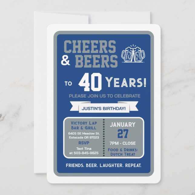 Invitación Sports Bar Birthday Cheers and Beers to 40 Years (Anverso)