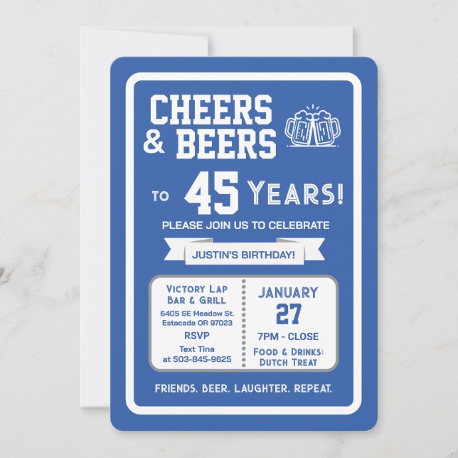 Invitación Sports Bar Birthday Cheers and Beers to 45 Years  (Anverso)