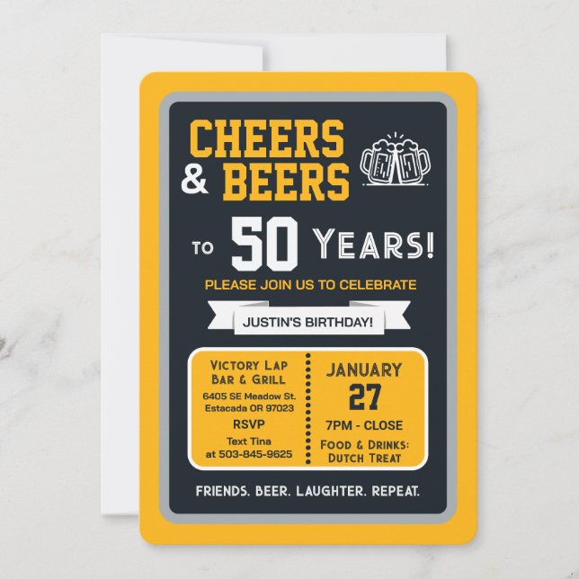 Invitación Sports Bar Birthday Cheers and Beers to 50 Years (Anverso)