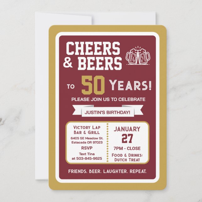 Invitación Sports Bar Birthday Cheers and Beers to 50 Years  (Anverso)