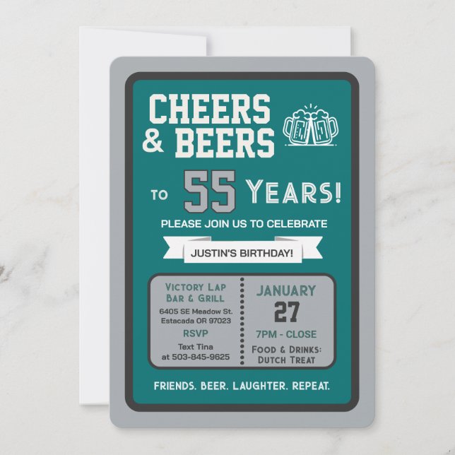 Invitación Sports Bar Birthday Cheers and Beers to 55 Years  (Anverso)