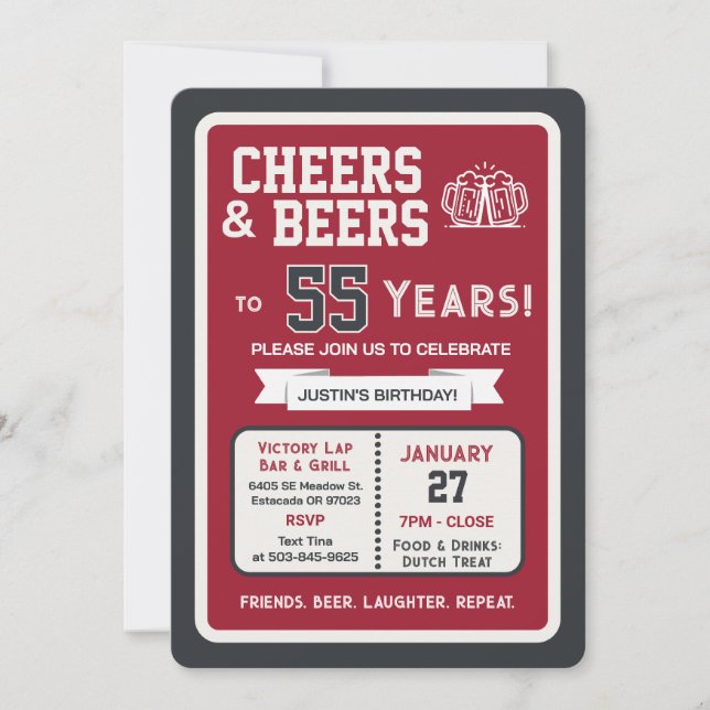 Invitación Sports Bar Birthday Cheers and Beers to 55 Years (Anverso)