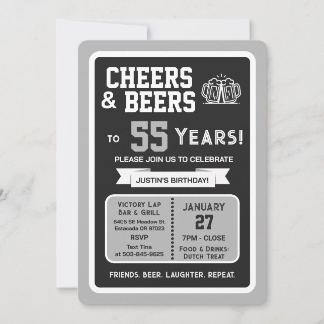 Invitación Sports Bar Birthday Cheers and Beers to 55 Years (Anverso)