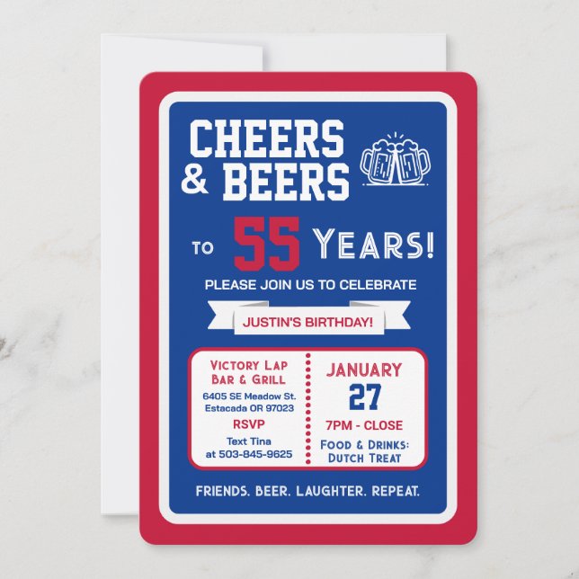Invitación Sports Bar Birthday Cheers and Beers to 55 Years (Anverso)