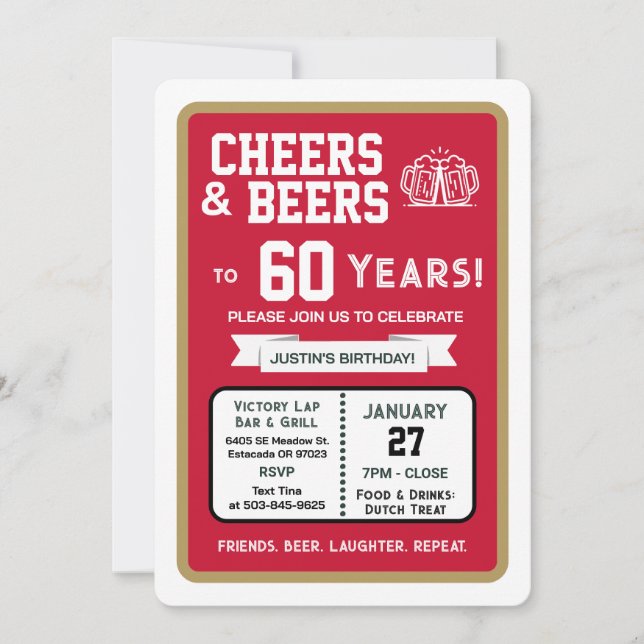 Invitación Sports Bar Birthday Cheers and Beers to 60 Years (Anverso)