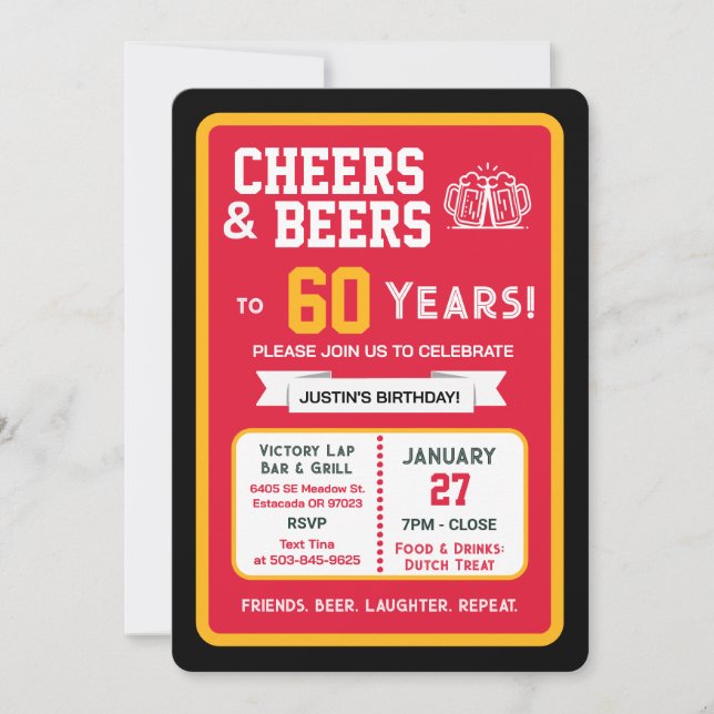 Invitación Sports Bar Birthday Cheers and Beers to 60 Years (Anverso)