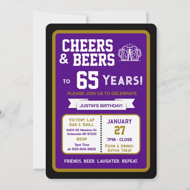 Invitación Sports Bar Birthday Cheers and Beers to 65 Years (Anverso)