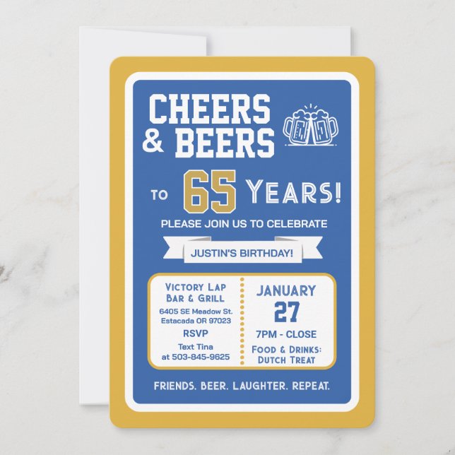 Invitación Sports Bar Birthday Cheers and Beers to 65 Years  (Anverso)
