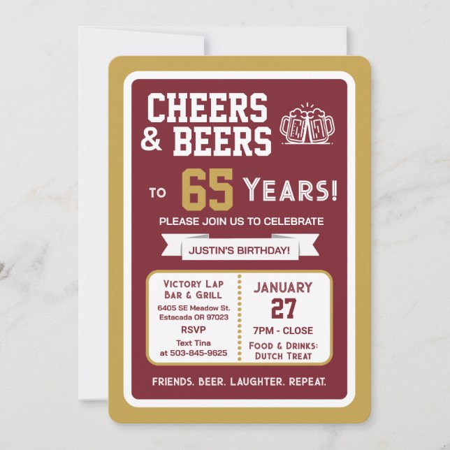 Invitación Sports Bar Birthday Cheers and Beers to 65 Years  (Anverso)
