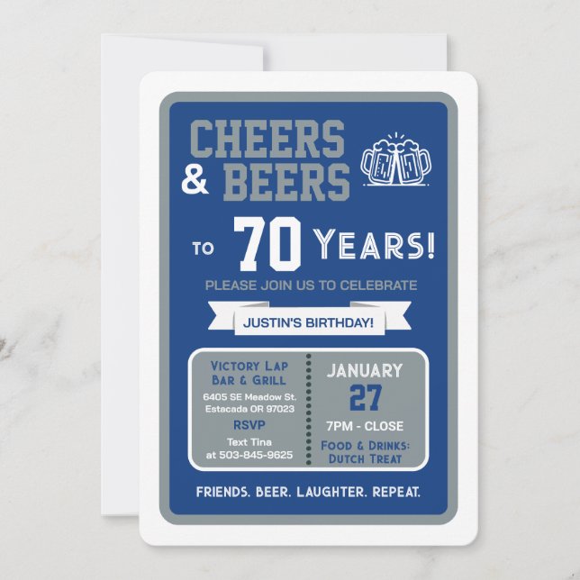 Invitación Sports Bar Birthday Cheers and Beers to 70 Years (Anverso)
