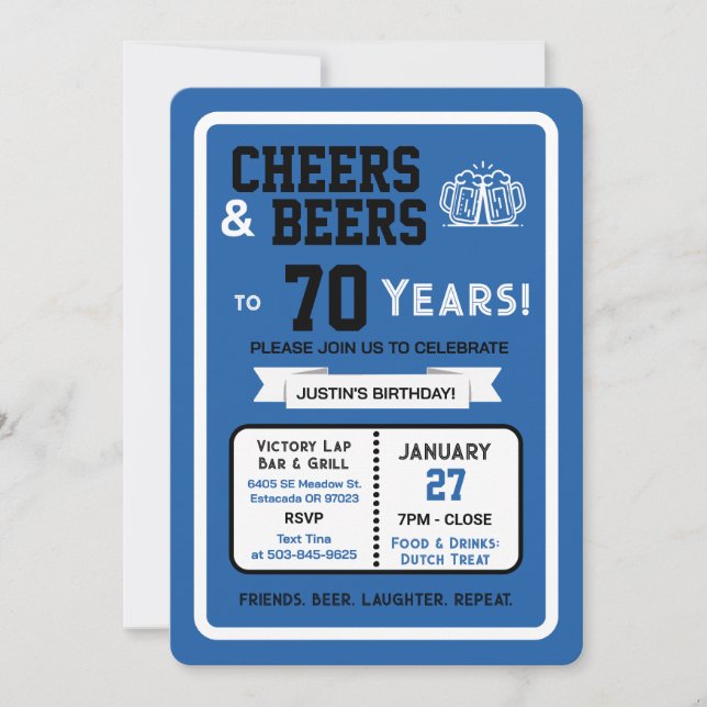 Invitación Sports Bar Birthday Cheers and Beers to 70 Years  (Anverso)