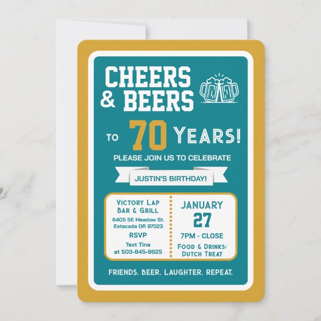Invitación Sports Bar Birthday Cheers and Beers to 70 Years  (Anverso)