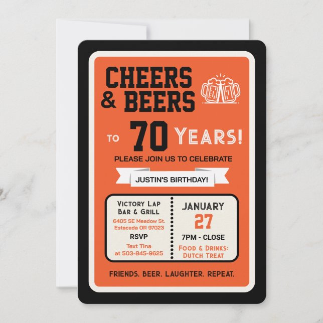 Invitación Sports Bar Birthday Cheers and Beers to 70 Years  (Anverso)