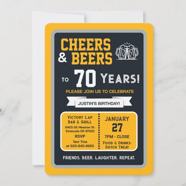 Invitación Sports Bar Birthday Cheers and Beers to 70 Years (Anverso)