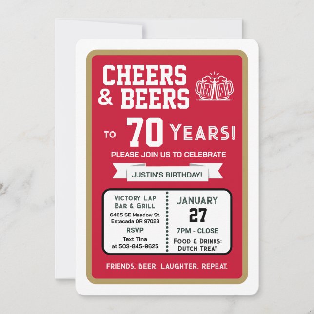 Invitación Sports Bar Birthday Cheers and Beers to 70 Years (Anverso)