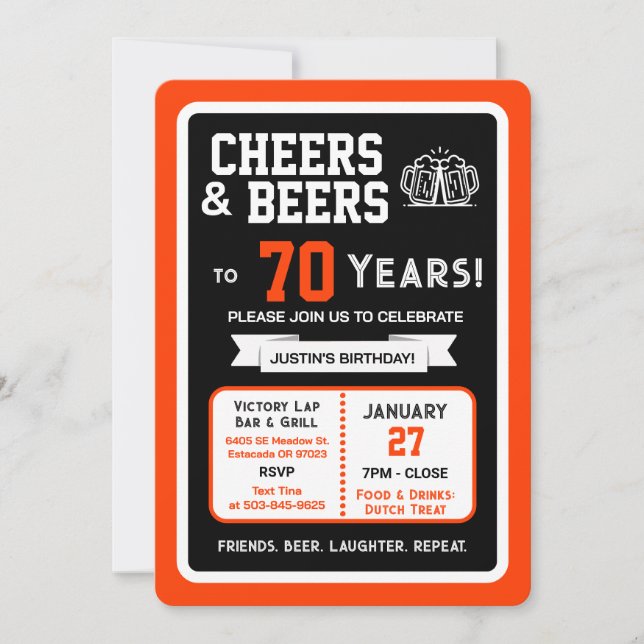 Invitación Sports Bar Birthday Cheers and Beers to 70 Years  (Anverso)
