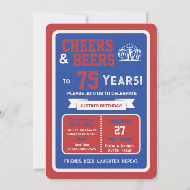 Invitación Sports Bar Birthday Cheers and Beers to 75 Years  (Anverso)