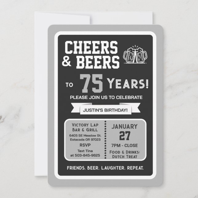Invitación Sports Bar Birthday Cheers and Beers to 75 Years (Anverso)