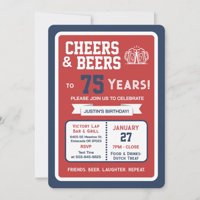 Invitación Sports Bar Birthday Cheers and Beers to 75 Years (Anverso)