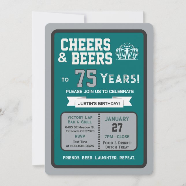 Invitación Sports Bar Birthday Cheers and Beers to 75 Years  (Anverso)