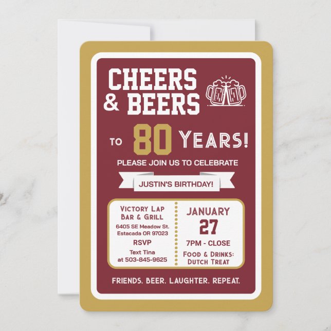 Invitación Sports Bar Birthday Cheers and Beers to 80 Years  (Anverso)