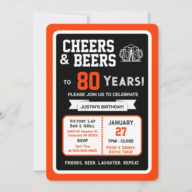 Invitación Sports Bar Birthday Cheers and Beers to 80 Years  (Anverso)