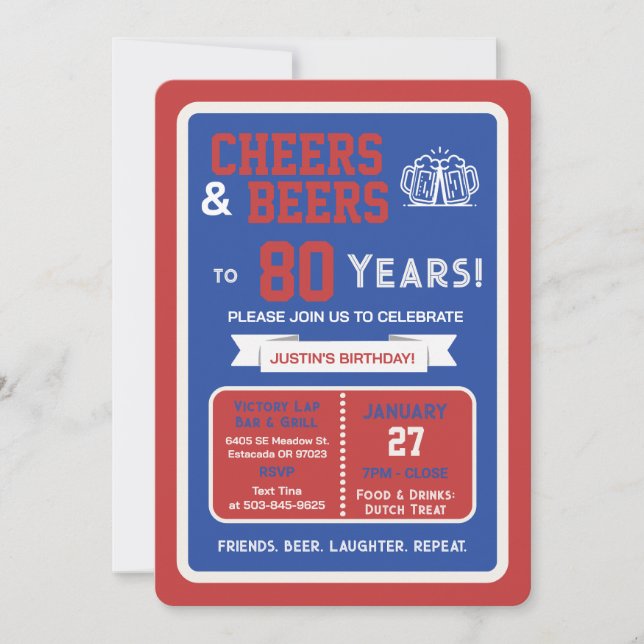 Invitación Sports Bar Birthday Cheers and Beers to 80 Years  (Anverso)