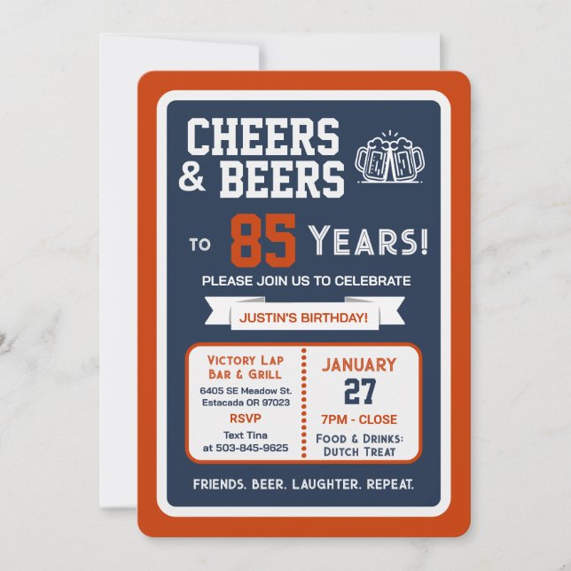 Invitación Sports Bar Birthday Cheers and Beers to 85 Years (Anverso)